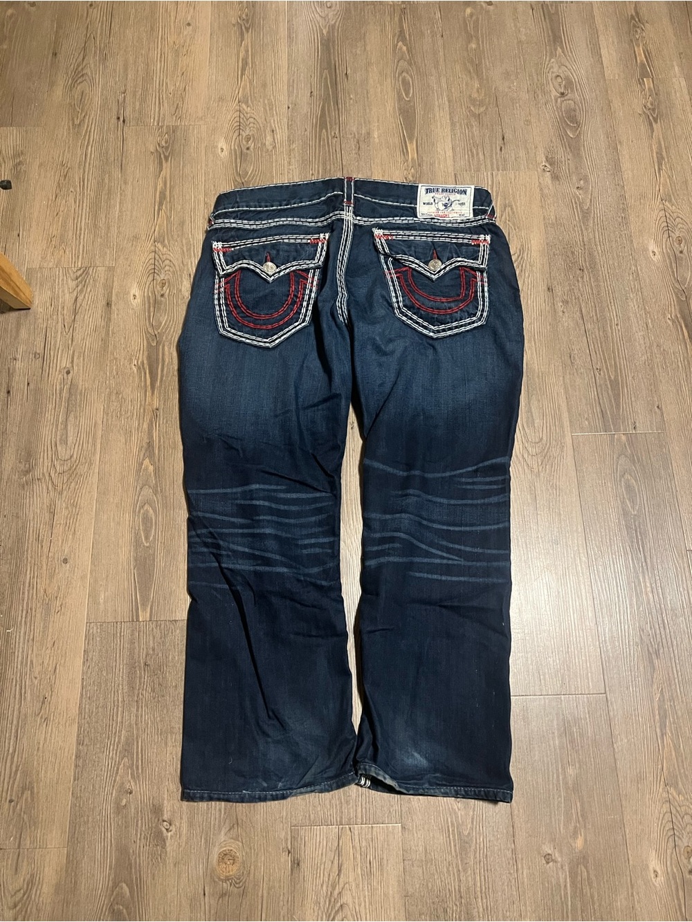 True Religion Men's Dark Blue Bootcut Jeans with Red & White Pocket Stitching